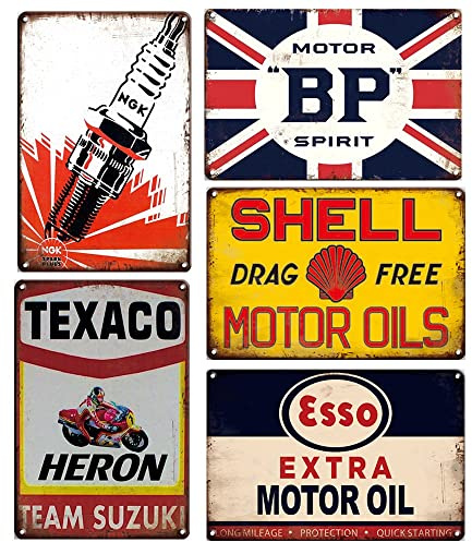 Vintage Metall Blechschilder Retro Garage Schilder für Männer Wanddekorationen alte Autoladen Poster Öl und Tankstelle Schild Männerhöhle Dekor 5 Stück 20,3 x 30,5 cm (5 Stück Kombi E)