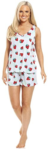 Camille Womens Stunning Floral Print Sleeveless Pyjama Set - Ladies Lightweight Short Pyjama - Comfortable & Breathable Summer Nightwear Blue Strawberry 18-20