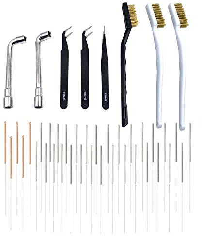 3D Printer Cleaning Kit,35Pcs 0.15/0.2/0.25/0.3/0.35/0.4/0.5/0.6/0.8/1.0 mm Nozzle Cleaning Pins with 3 Cleaning Copper Wire Brushes, 2 L-Shaped Wrench and 3 Tweezers for Printer Accessories
