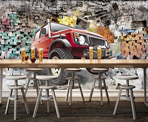 Mur De Briques Rétro Voiture Rouge Papier Peint 3D Décoration Salon Décoration Murale Murale Chambre À Coucher 3D Papier Peint Coller Salon Le Mur Pour Chambre Mural 140 (largeur) x 70 (hauteur) cm