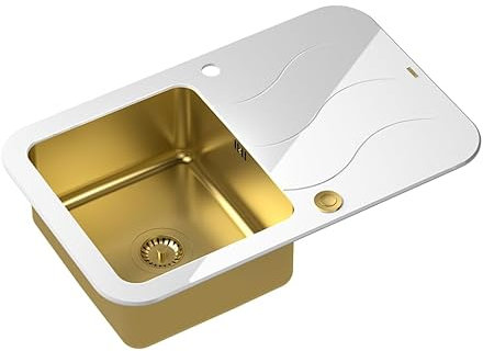 QUADRON Évier de cuisine en verre trempé GLEN 211 | Dimensions : 78 x 50 x 19 cm | Couleur : Pvd-Golden | GLEN 211 | Évier encastrable avec trou pour robinetterie - Évier de cuisine simple en acier
