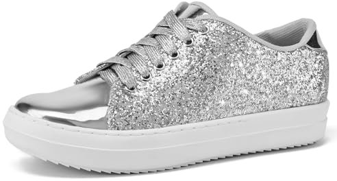 UBWDU Glitzernde Strass-Pailletten-Sneaker für Damen, Tennisschuhe, glitzernde Schuhe – glänzende lässige flache Loafer für Fashionistas, silber, 40 EU