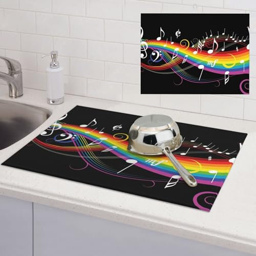 Abtropfmatte mit Regenbogen-Musiknoten-Melodie-Druck, für Küche, Theke, Geschirr, Abtropfmatte, saugfähige Matten, Abtropfmatte für Arbeitsplattenspülen