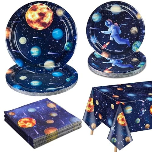 QUERICKY Outer Space Party Decorations for 20 Guests, Include Astronaut Planet Paper Plates, Napkins, Outer Solar System Tablecloth for Kids Birthday Party Solar System Theme Party Decorations