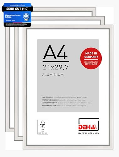 DEHA Design Bilderrahmen, 21 x 29,7 cm (A4) (3er Set), Aluminium, Silber glanz, Dokumentenrahmen zum Aufhängen im Hoch- & Querformat, bruchsicheres Kunstglas, Boston