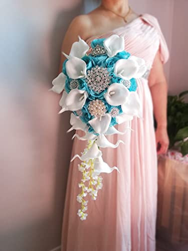 Blumenstrauß, Wasserfall, weiße Hochzeitsblumen, Brautsträuße, künstliche Perlen, Kristall-Strasssteine, Hochzeitssträuße (Silber)