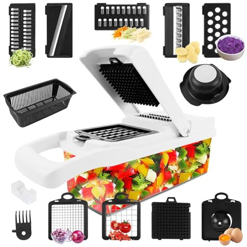 Vegetable Chopper Vegetable Cutter, Veggie Onion Salad Food Chopper Manual-Potato Chipper, Veg Chopper and Dicer for Kitchen Tools & Gadgets with 7 Replaceable Stainless Steel (15-in-1)