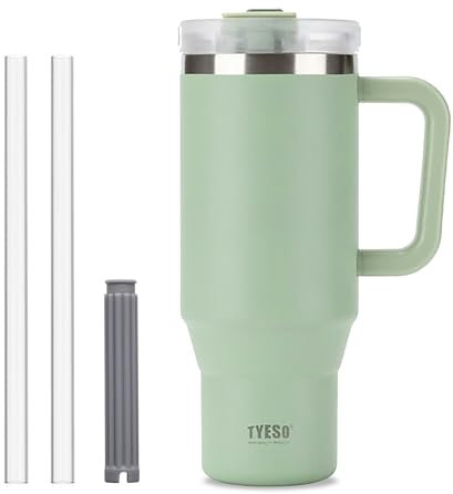 Coffee Cup Travel Mug with Handle, 40oz Tumbler with Lockable Lid, Stainless Steel Vacuum Insulated Water Bottle with Straw, Leakproof & Portable Travel Cup for Hot and Cold Drinks (Mint Green)