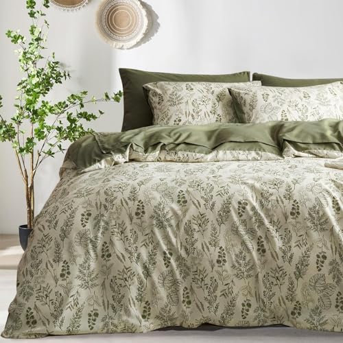 Freyamy Bettwäsche 135x200cm 2teilig Grün Olivengrün Blätter Pflanzen Bettwaren-Sets 100% Microfaser Pflanzenmuster Bettwäsche Elegante Bettbezug mit Reißverschluss und Kissenbezug 80x80cm