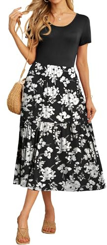 GRECERELLE Maxi Dress for Women UK Summer Short Sleeve Crew Neck Swing Flowy Tiered Party Dress With Pockets for Weddings, Holidays (Black White Flower, XXL)