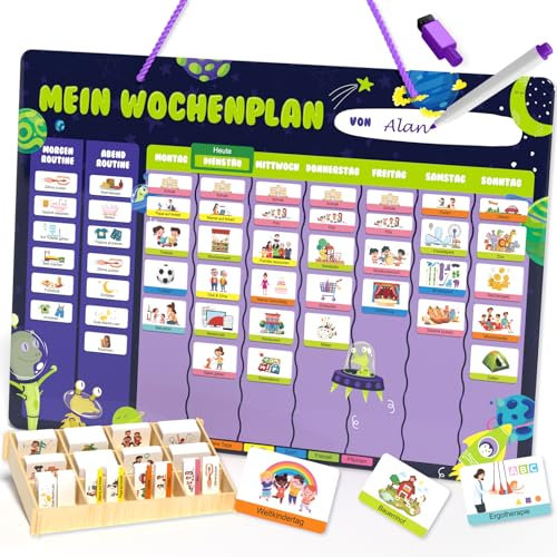 Wochenplaner Kinder - Thema Weltraum Montessori Magnettafel inkl. 237 Magnete, Aufbewahrungsbox, Staffeleien, Haken, Kordel & Abwischbar Stift - Tagesplaner Kinder Routine - Lernspiele ab 3 Jahre