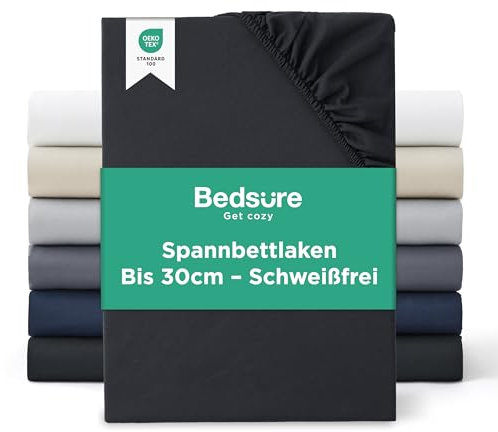Bedsure Spannbettlaken 180x200cm Bis 30cm - Bettlaken 180 x 200 Boxspringbett, Oeko-TEX Zertifiziert Spannbetttücher, Gebürsteter-Mikrofaser, Hautfreundlich Weich & Pflegeleicht, Schwarz