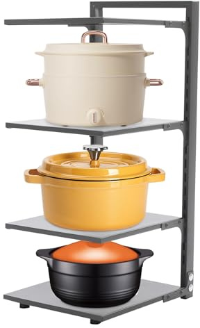DHQCQL Pan Storagepots and Pans Organiser, 4 Tier Non-slip Dividers Pan Stand Kitchen with 2 Feet, Pan Storage for Kitchen Cupboards, Saucepan Storage Organizer Rack for Kitchen Counter (Gray)