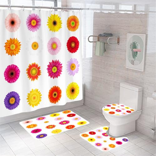 Badezimmerteppich Rote Und Gelbe Blumen Badteppich rutschfest Waschbar Badgarnitur 3 Teilig – Badematte Set Mit Wc-Vorleger Und Badematte,Teppich Badezimmer Für Sicherheit Und Komfort Im Bad 45X75Cm