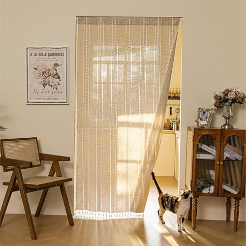 Sutuo Home Boho Door Curtains for Doorway, Bohemian Semi Blackout Curtains Privacy Embroidery Drape Decor for Temporary Room Dividers Bedroom Living Room, Rod Pocket 1 Panel 37 W x 80 L, Natural