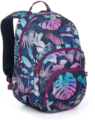 SKYE Schulrucksack ab der 5. Klasse (ca. 145 cm), ergonomisch mit Aluminiumverstärkung, wasserabweisend & leicht, mit reflektierenden Elementen, 28 L Schulranzen mit Brustgurt & Laptopfach. (Monstera)