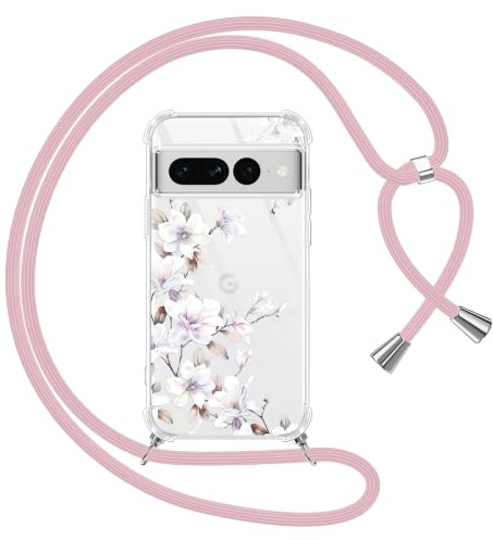 Yoedge Handykette Handyhülle für Google Pixel 7 Pro 5G Hülle mit Band, Durchsichtig Aesthetic Muster Blumen Case mit Kordel zum Umhängen, Weiche Silikon TPU + PC Stoßfest Schutzhülle Cover, 05