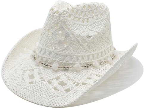 Cowboy Hat for Women Men, Wide Brim Sun Visor for UK, Classic Unisex Brown White Black Cowgirl, Straw Wide with Shapeable Brim Cowboy Hat