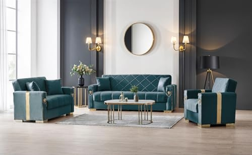 Stella Furniture Lion Sofa Sets for Living Room 3 2 1 with Storage - Convertible 3+2+1 Seater Couches with Cushions- Free Assembly & Delivery (3+2+1 Seater, Green/Gold)