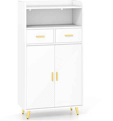 COSTWAY Meuble Salle de Bain Rangement, Armoire Salle de Bain avec 2 Tiroirs, Placard à 2 Portes, Compartiment Ouvert, Étagère Réglable, Pieds en Métal, 30 x 60 x 100 cm (Blanc)
