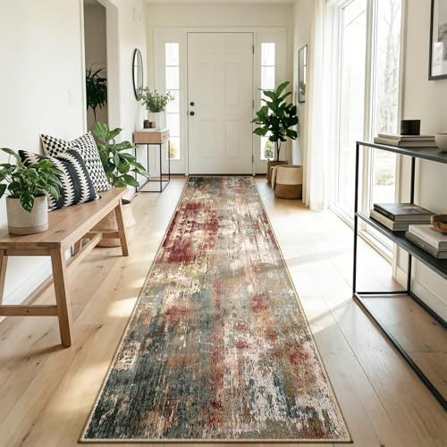 DEFYNEE Teppich Läufer 60 x 300 cm, rutschfest Teppichläufer, Kurzflor Küchenläufer, Waschbar, Faltbar, Abstraktes Design für Eingang, Küche, Wohnzimmer & Büro, Rotbraun