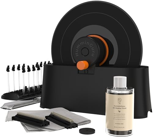 HumminGuru EZ Laveuse de Disques Vinyles Manuelle avec Essorage Facile et Pince à Étiquette Étanche, Kit de Nettoyage de Disques avec Brosses en Poils de Chèvre, Liquide sans Alcool,Étendoir & Chiffon