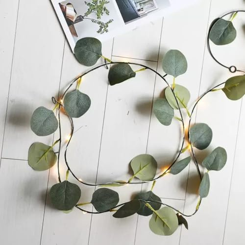 HHMTAKA 2M 20 LED Vines with Fairy Lights Battery Operated Ivy Fairy Lights Warm White Garland Light for Home Kitchen Garden Office Wedding Wall Decor (Eucalyptus Leaf)