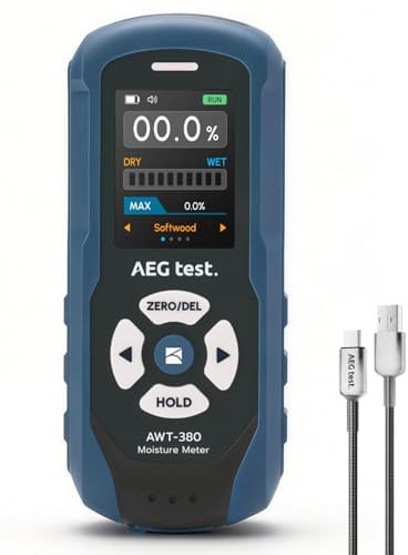 AEGTEST AWT-380 Misuratore di Umidità Senza Spilli Ricaricabile per Legno, Cartongesso & Muratura, Misuratore di Umidità per Legno con Display a Colori, Allarme Regolabile, Registrazione Dati
