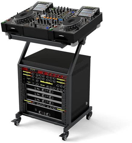 TANGZON 9U DJ Mixer Stand, Rack Mount Rolling Audio Equipment Cart | 98 Degree Adjustable Top, 2-Tier Metal Studio Rack with Lockable Wheels, 50 kg Platform and 100 kg Shelf for Stage Gear