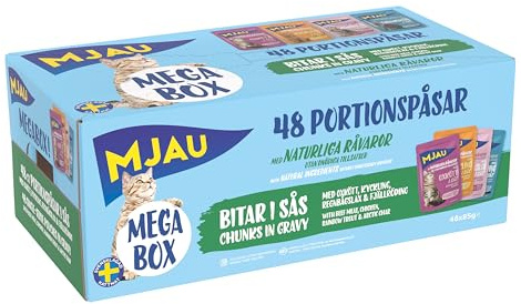 Mjau Megabox Häppchen in Sauce mit Regenbogenforelle, Saibling, Huhn und Rind – 48×85g Nassfutter für Katzen in Einer Großpackung - hergestellt aus natürlichen Zutaten - ohne Zuckerzusatz