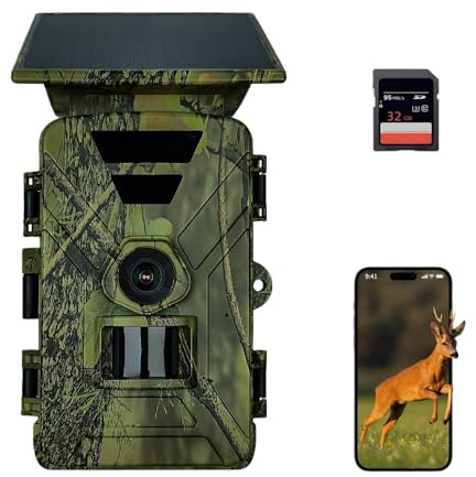 ZYJDGNNY 8K 60MP WLAN Solar Wildkamera mit Nachtsicht & 0.1s Auslöser, inkl. 5200mAh Akku & 32GB SD-Karte, IP67 wasserdichte TrailCam mit Bewegungsmelder, APP-Steuerung via 'TrailCam Go' für Jagd