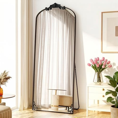 PengGengA Miroir Intégral Style Baroque Vintage Miroir Arqué sur Pied à Poser au Sol avec Verre Trempé, pour Chambre, Salon, Dressing, Coins Arrondis - Noir, 179x69cm | 70.5 L x 27.2 W