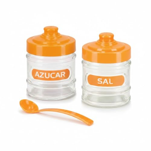pcmoviles Juego Salero y Azucarero con Tapa Naranja, 2 Piezas | Recipientes de Vidrio Transparente, Incluye Cuchara, Para Cocina