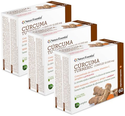 Nature Essential | Cúrcuma Complex 10.000 mg | 3 Unidades | 60 Cápsulas Vegetales por Blíster, total 180 cápsulas | Con Jengibre, Pimienta Negra y Vitamina C | 95% Curcumina