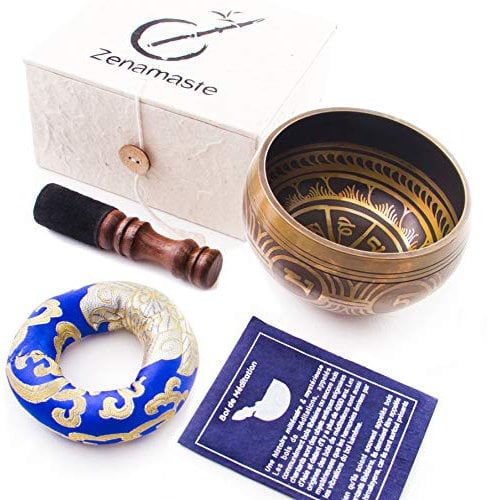 Zenamaste • Coffret Bol Tibétain de Méditation Fait à la main dans la cité de Bhaktapur au Népal - 350gr - ⌀8,9cm • Coffret en papier népalais avec coussin et maillet en bois