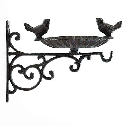 Sungmor Heavy Duty Cast Iron Bird Feeder with Hanging Bracket - Wall Mounted Bird Bath - Vintage & Lovely Birds Hanger Wall Hook for Planters, Lanterns, Wind Chimes and More Garden Decorative Items