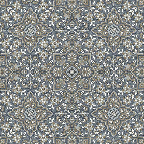 Norwall Fh37542 Floral Tile papier peint Brique, Bleu, Doré métallique, Bleu marine