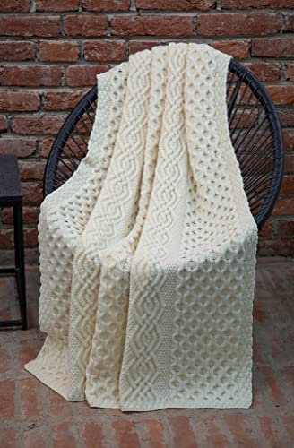 SAOL 100% Merinowolle Wabenmuster Warme und Weiche Aran Decke in Natur/Grün, 60 x 40 Zoll (Natur)