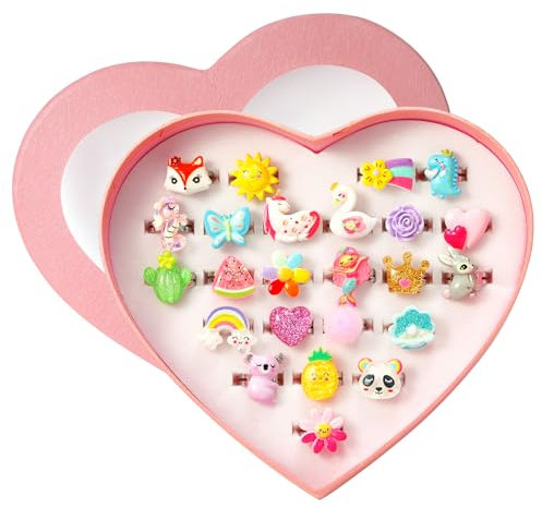 PinkSheep Juwelenringe für kleine Mädchen in Box, verstellbar keine Duplikation Mädchen Spielringe (24 Bling Ringe)