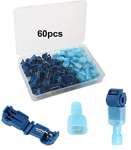 FULARR 60Pcs (30 Pairs) Premium T-Tap Filo Connettore Assortimento Kit, T-Tap Rapido Giuntura Terminale e Isolato Maschio Spade Terminale –– Blu