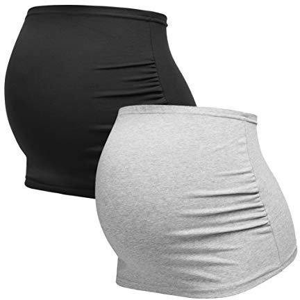 Herzmutter Bandes de Ventre de maternité - Bandeau de Grossesse - Lot de 2 Bandes Abdominales - Ceinture de Grossesse - Bandeau pour Femmes Enceintes - Extension de T-Shirt - 6000 (Noir/Gris, XL)