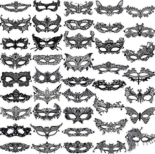SIQUK 42 Stück Venezianische Masken Spitze Augenmaske Schwarz Spitzenmaske Venezianisch für Party Abend Ball Abschlussball Ballette