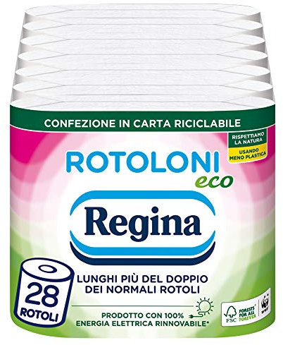 Regina Rotoloni Eco - 28 Maxi Rotoli di Carta Igienica, 500 Fogli a 2 Veli, Lunghi Più del Doppio dei Normali Rotoli, Confezione in Carta Riciclabile, Carta 100% Certificata FSC