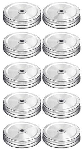 Cuffslee Mason Jar Deckel, 10 Stück Wiederverwendbar Schraub Deckel Mit Loch, Ersatzdeckel für Glasflaschen, Saftflaschen, Einmachgläser, 8-16 Unzen