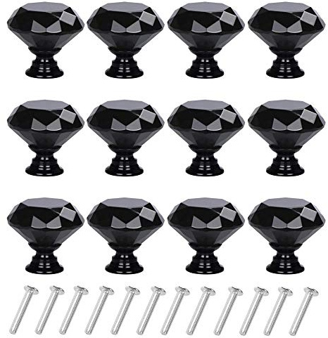 YourGift 12 Stück Schubladenknöpfe in Diamantform, Kristallglas, 40 mm, Schrankgriffe, Zuggriffe (40 mm, 12 Stück, komplett schwarz)