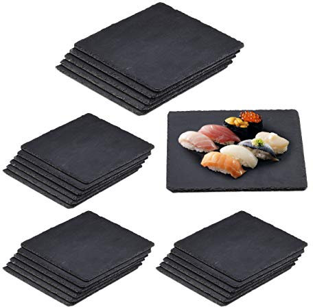 Relaxdays 24 Platos de Pizarra, 25 x 25 cm, para Servir y Escribir, Buffet, Bandeja Piedra Cuadrada, Antracita