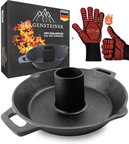 Bergensteiner® Geflügelhalter aus 100% Gusseisen | Hänchenhalter | Premium Geflügelbräter Guss | Hänchenbräter, Gusseisener Hänchenständer für Grill & Backofen | inkl. Premium Grillhandschuhe