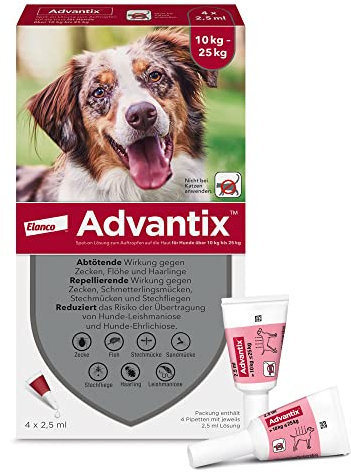 Elanco ADVANTIX Spot-On für mittelgroße Hunde von 10-25 kg gegen Zecken, Sandmücken, Stechmücken, Stechfliegen und Flöhe: Wirkung bis zu 4 Wochen, 4 Pipetten-Packung