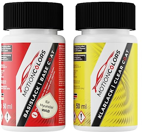 MOTIONCOLORS Vanilla White WAB für Hyundai Autolack Lackstift +1K 2x50ml | Cotton White, Set aus Basislack + Klarlack, Lackfläschchen je 50ml