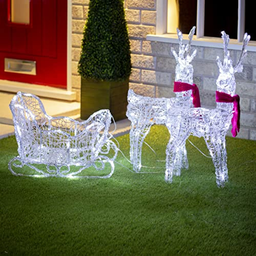 The Christmas Workshop 71429 Reindeer with Sleigh/Indoor and Outdoor Christmas Lights/Acrylic Wireframe Figure with 150 Warm White LED Lights/Mains Operated / 66 x 160 x 27cm